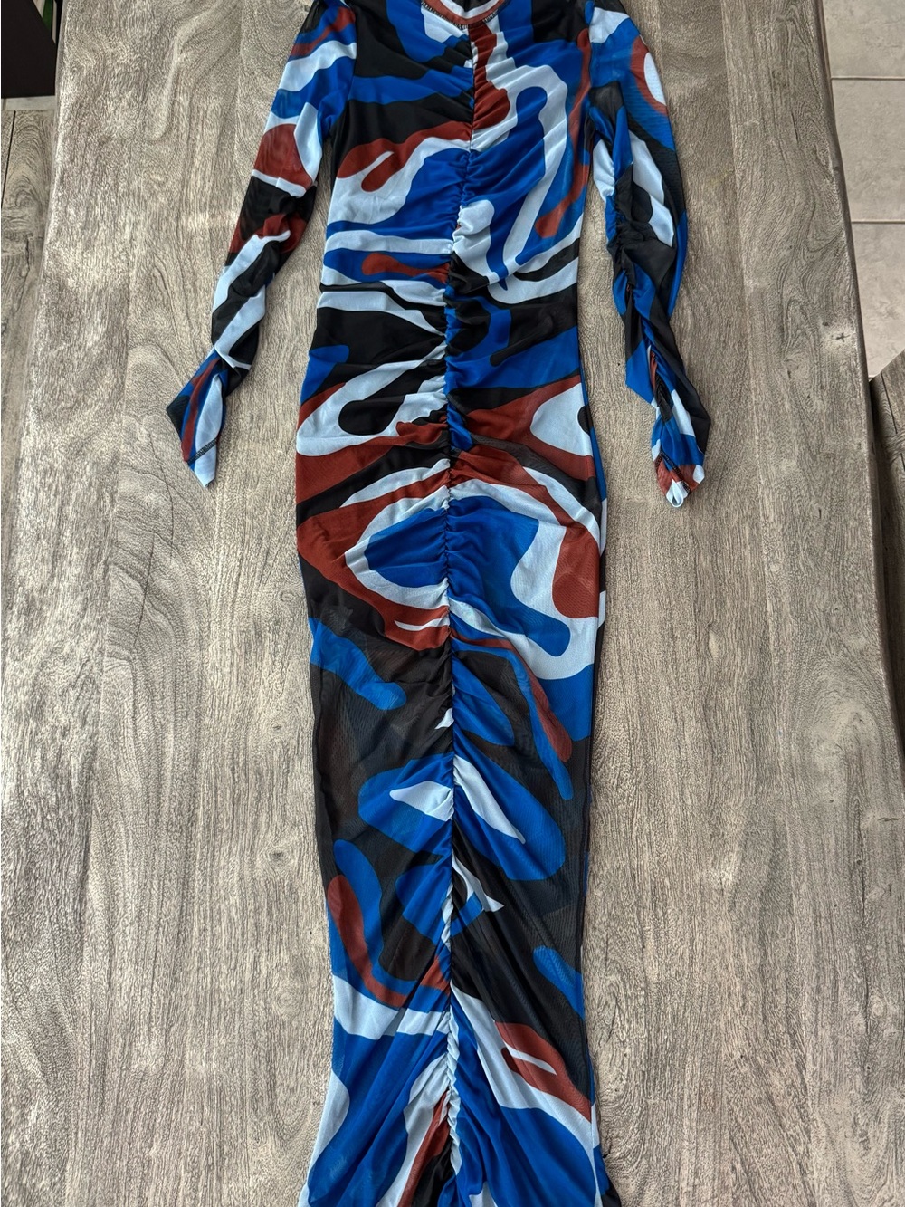 Target Abstract Ruched Maxi Dress in Blue, Black, and Brown- Black dress liner